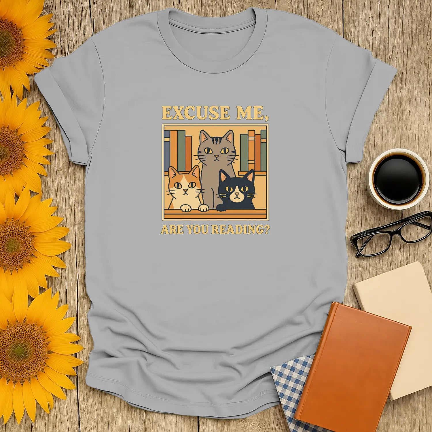 Funny cat reading shirt with three curious cats and text 'Excuse Me, Are You Reading?' Perfect gift for book lovers.