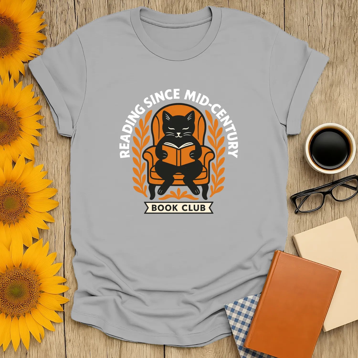 Mid-Century cat reading shirt with text 'Reading Since Mid-Century' for cozy book lovers' gifts.