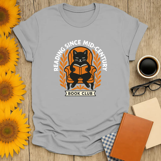 Mid-Century cat reading shirt with text 'Reading Since Mid-Century' for cozy book lovers' gifts.