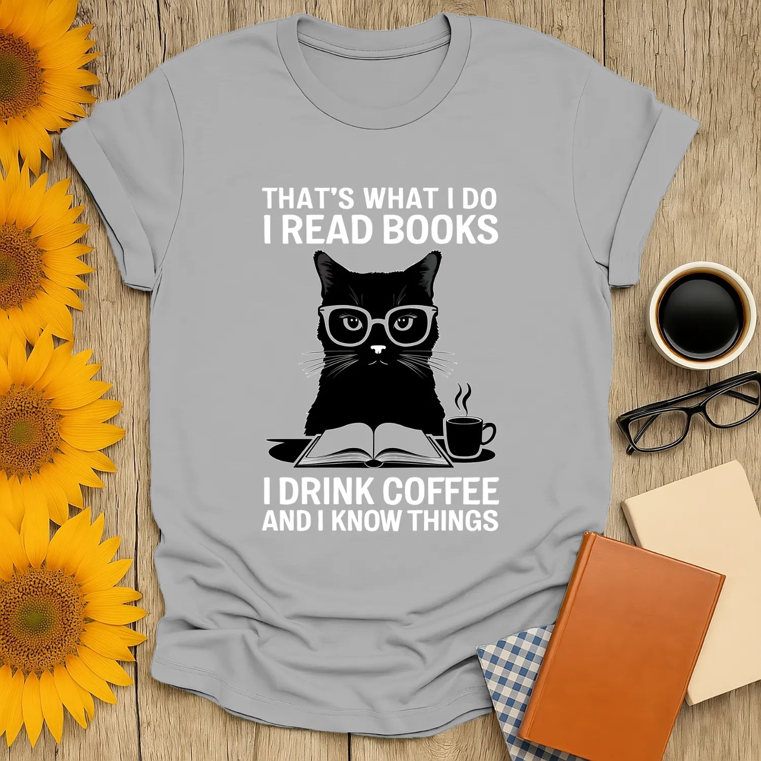 Funny cat reading shirt with glasses and text about books and coffee, perfect gift for book lovers and cozy souls.