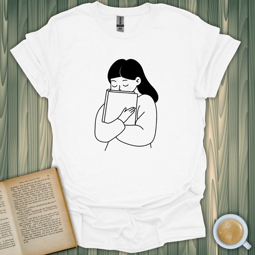 Me and My Bestie T-Shirt featuring a book lover embracing a book design, made of 100% cotton for comfort.