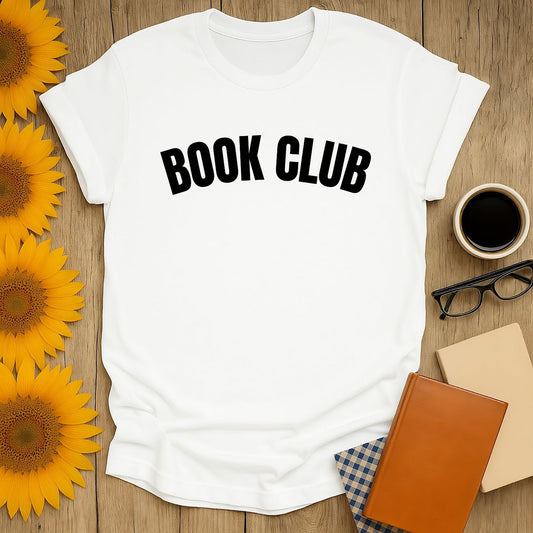 Book Club T-Shirt in white cotton, perfect for book lovers, featuring vibrant screen print and casual design.