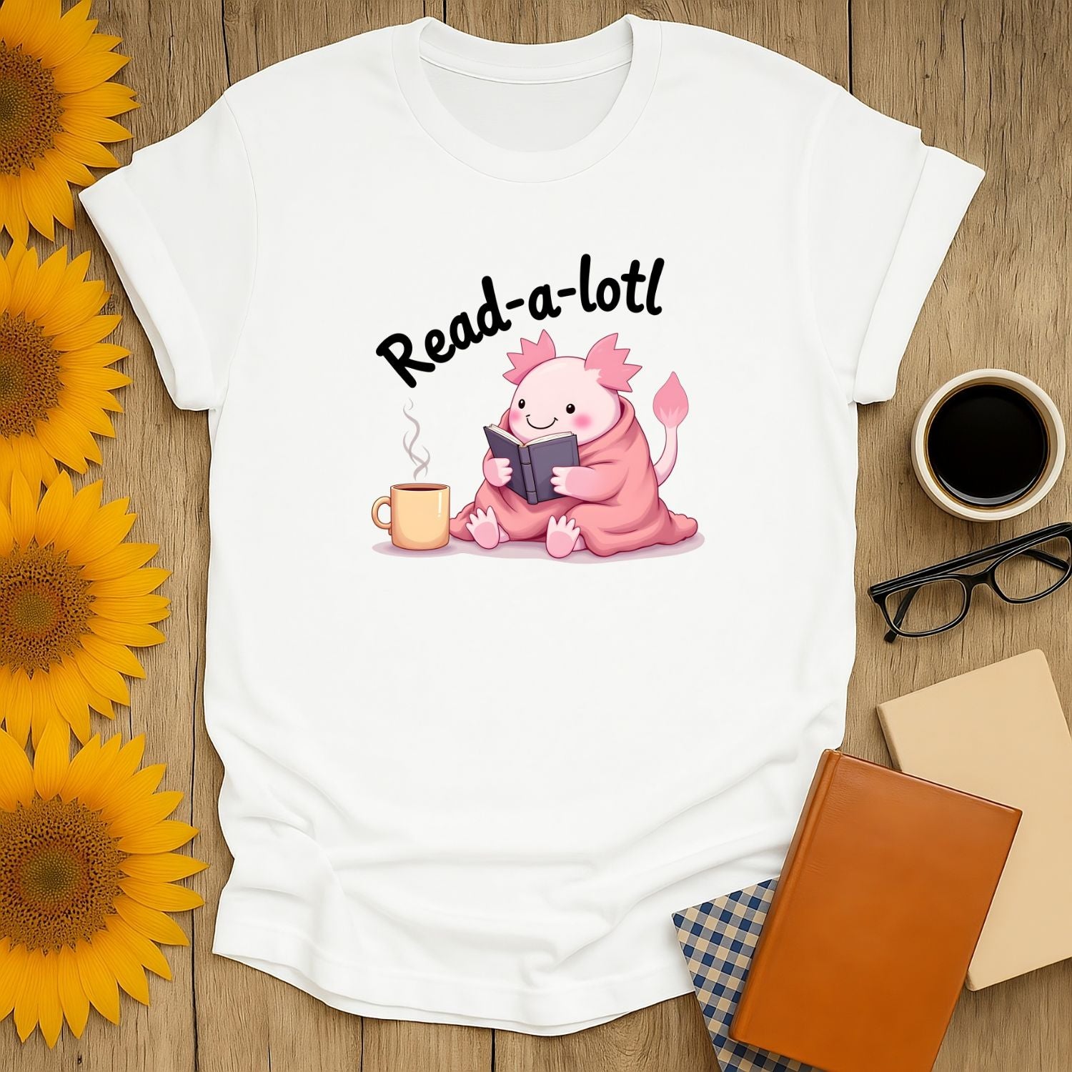 Read-a-lotl 2 T-Shirt featuring cute character reading with coffee, perfect for book lovers.