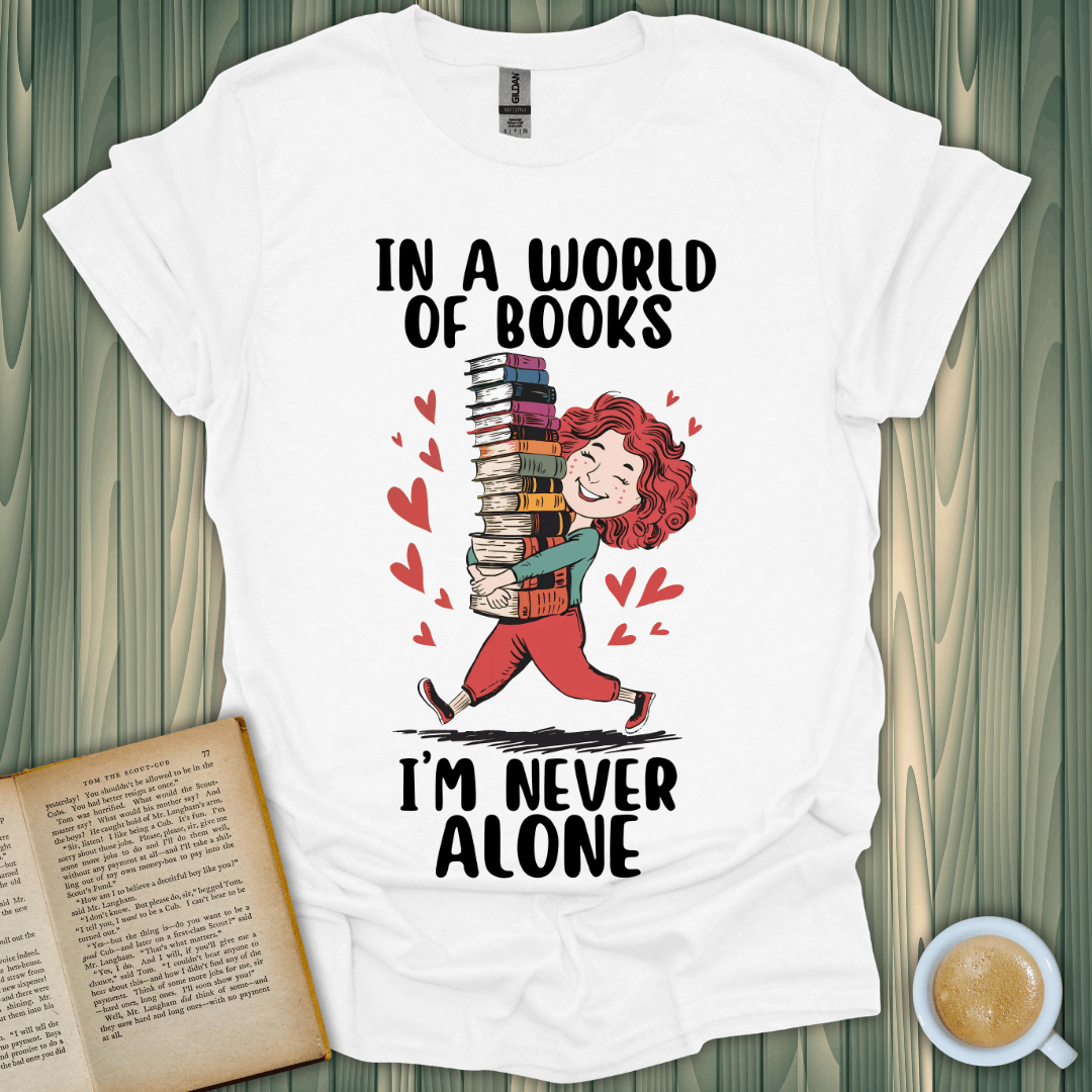 Never Alone with Books T-Shirt for book lovers, featuring a playful design on soft, breathable fabric.