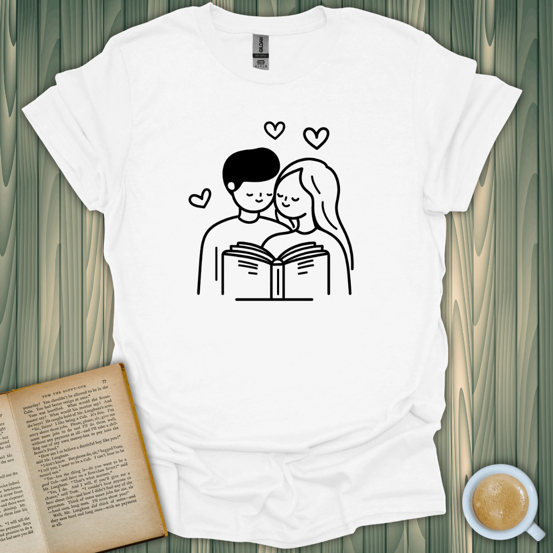 Couple reading a book on a white First Read Love T-Shirt, perfect for every book lover!