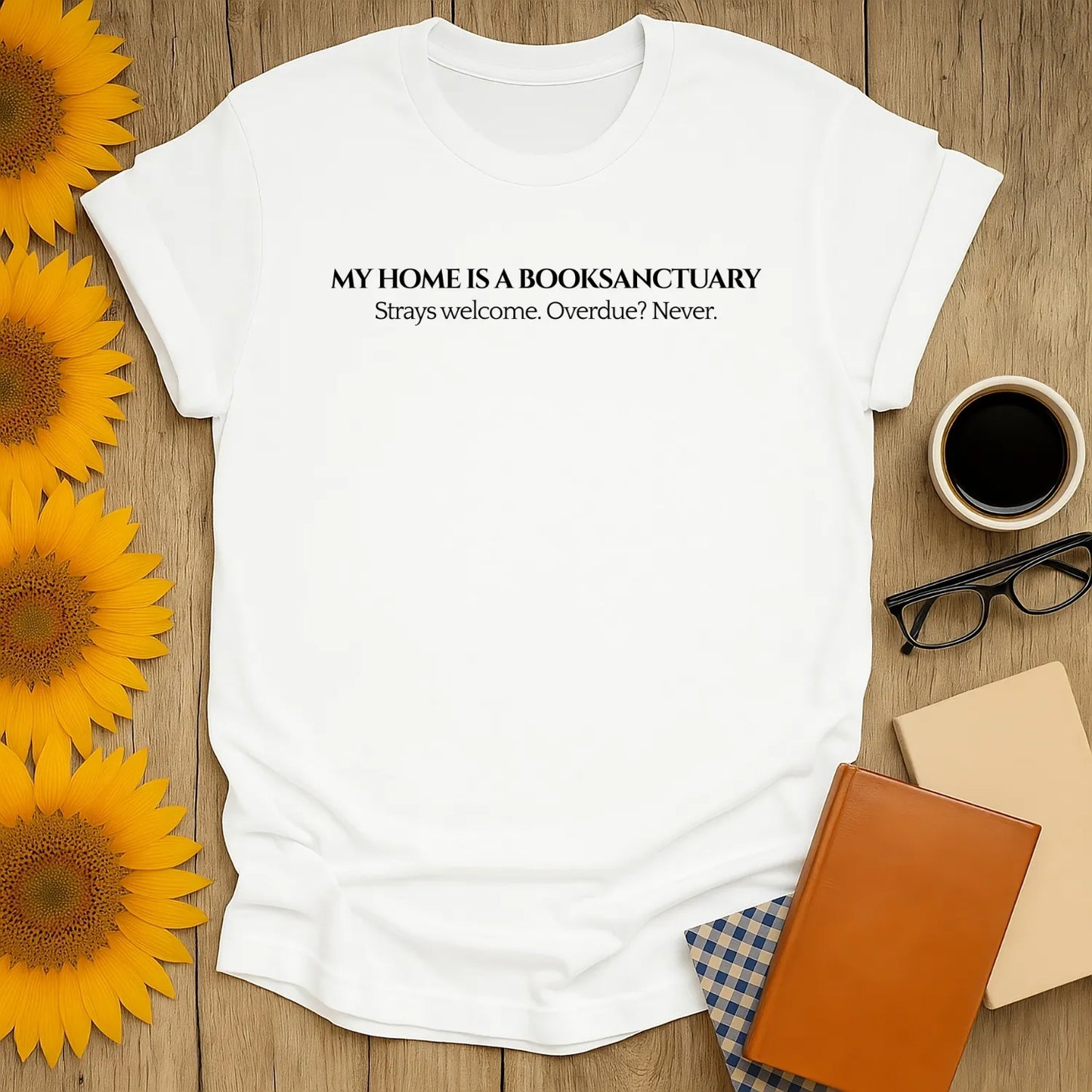 Funny book lover shirt with text 'My home is a booksanctuary' ideal for cat or tea fans, perfect gift for cozy readers.