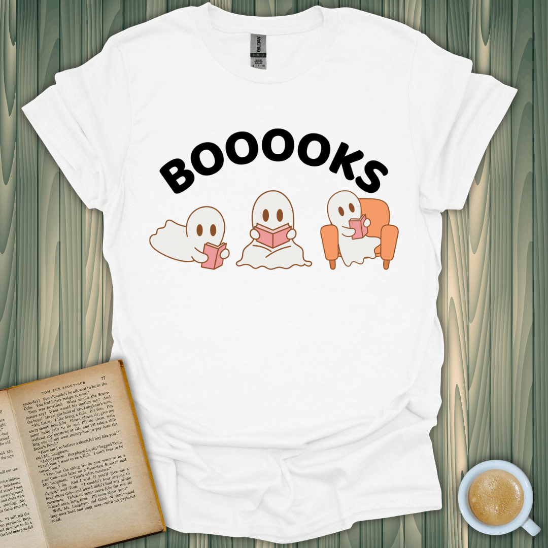 Booooks T-Shirt for book lovers featuring playful ghost illustrations, made from lightweight, breathable cotton.