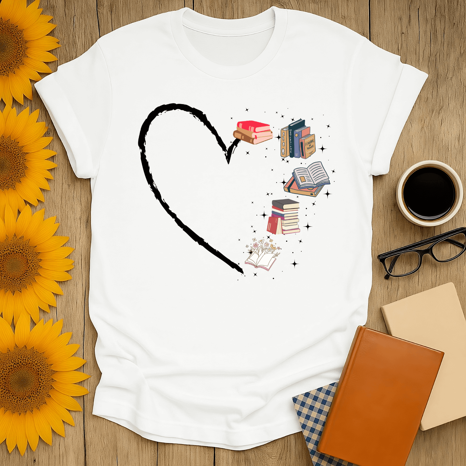 Bookish Heart T-Shirt featuring books and heart design, perfect for book lovers, made of soft cotton.