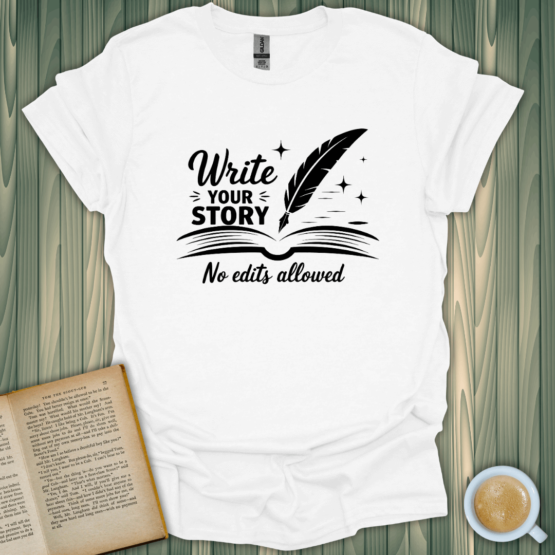 Write Your Story T-Shirt for book lovers, featuring a quill and book design, made of 100% cotton.