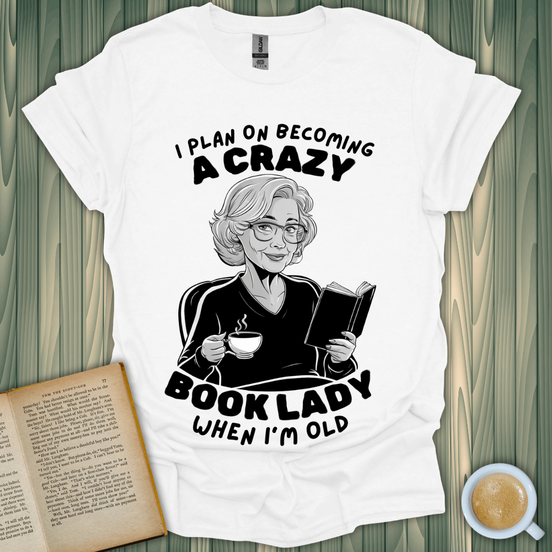 Funny Crazy Book Lady T-Shirt for book lovers featuring a woman reading and sipping tea.