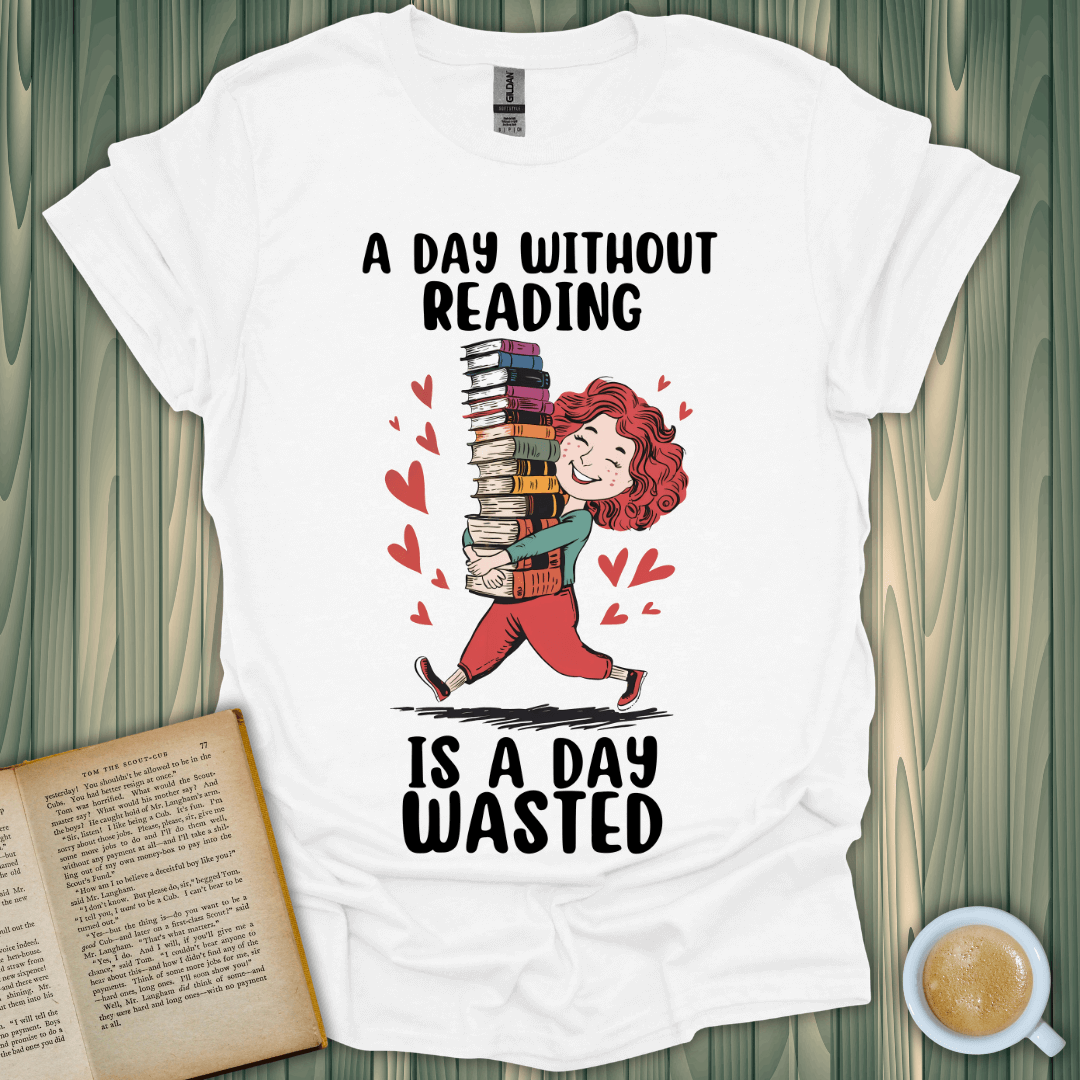 Read or Waste the Day T-Shirt for book lovers, featuring a playful design with a girl holding books.