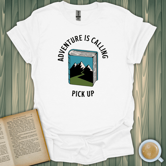 Adventure is Calling T-Shirt for book lovers, featuring a book graphic and mountain design, ideal for casual wear.