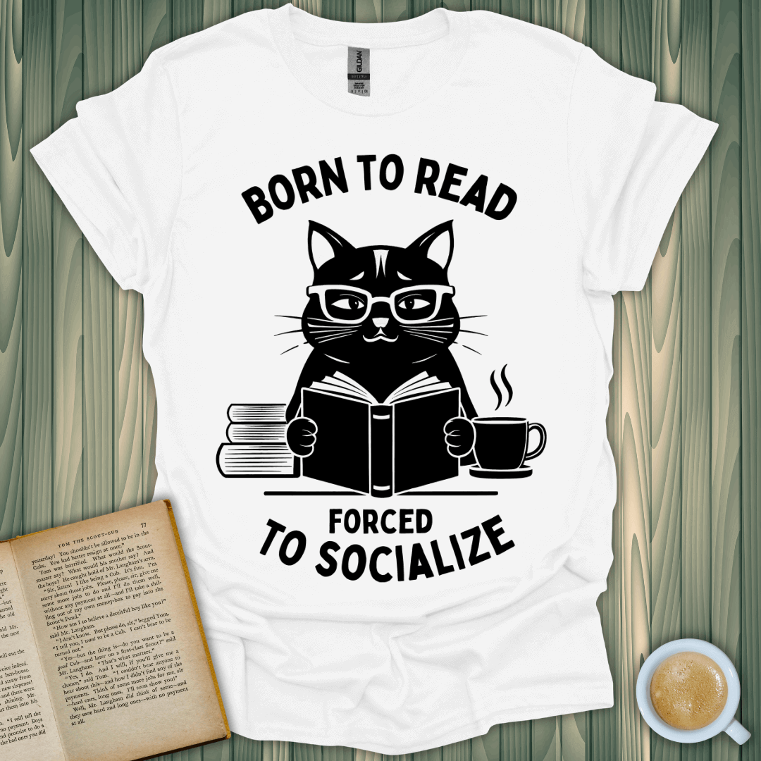 White t-shirt featuring a cat in glasses with the text 'Born to Read, Forced to Socialize', perfect for book lovers.