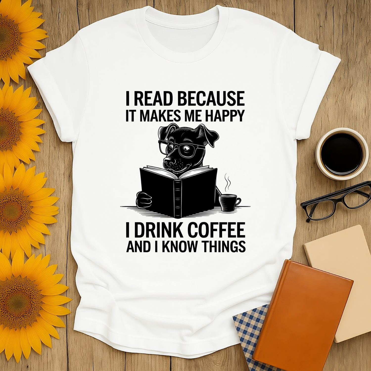 Happy Reader caffeinated dog t-shirt for book lovers, featuring a pup in glasses reading with coffee.