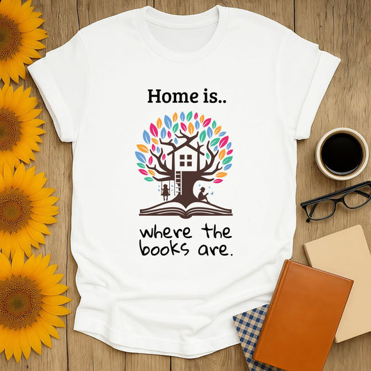 Home of Books T-Shirt for book lovers, featuring a colorful tree design and soft cotton fabric, perfect for casual wear.