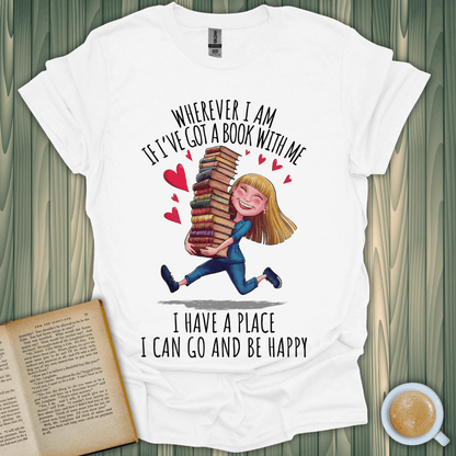 Books Are My Happy Place T-Shirt design featuring a girl joyfully holding a stack of books, perfect for book lovers.