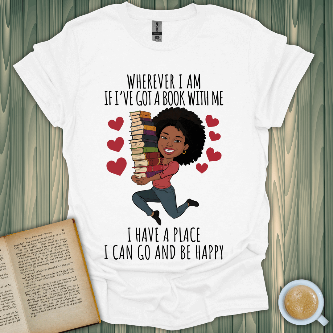 Books Bring Me Joy T-Shirt for book lovers, featuring a joyful design with a woman holding books and a heartfelt quote.