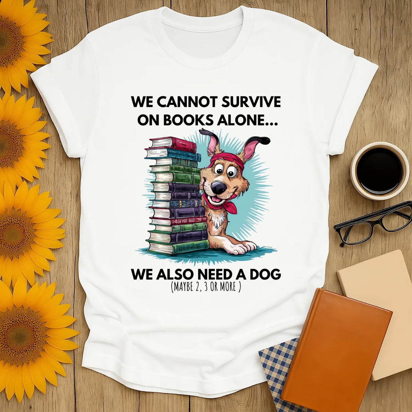 Funny reading tee featuring a playful dog with stacks of books, perfect for cozy book lovers and the dog-obsessed.