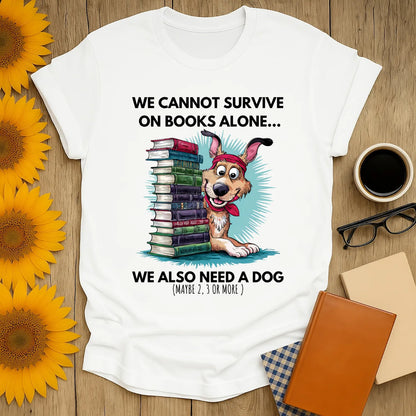 Funny reading tee featuring a playful dog with stacks of books, perfect for cozy book lovers and the dog-obsessed.