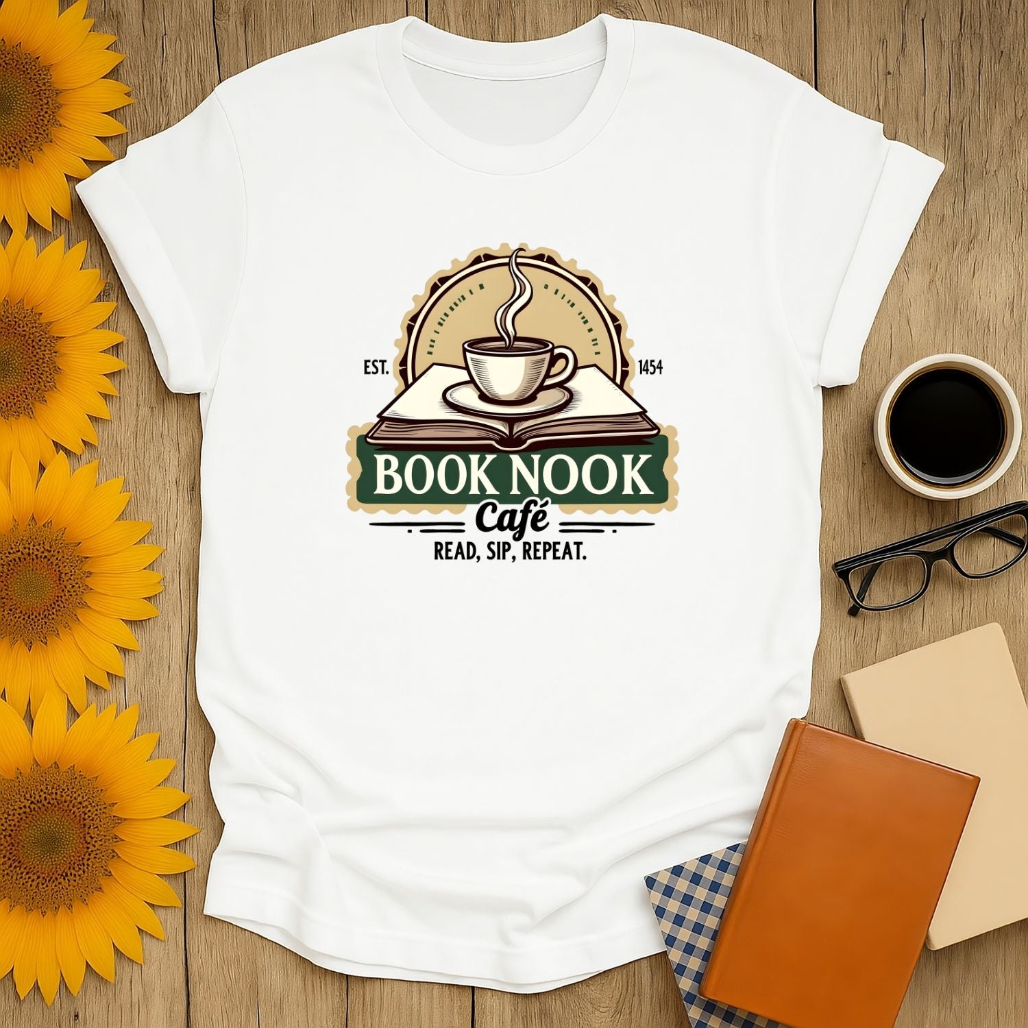 Cozy Book Nook Cafe shirt featuring a steaming coffee cup & book design, perfect gift for coffee-loving bookworms.