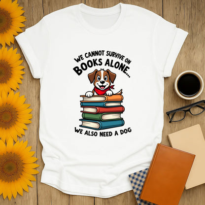 Pup Page Turner T-Shirt for book lovers featuring a dog and stack of books, perfect gift for dog and book enthusiasts.