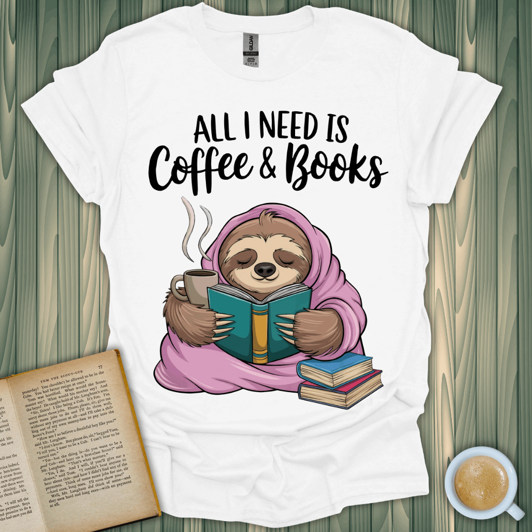 Coffee & Books T-Shirt featuring a sloth reading, perfect for book lovers who enjoy cozy vibes.