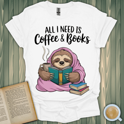 Coffee & Books T-Shirt featuring a sloth reading, perfect for book lovers who enjoy cozy vibes.