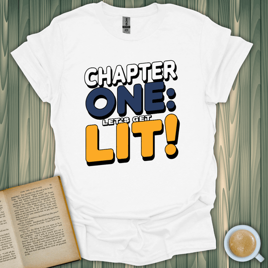 Chapter One Lit T-Shirt for book lovers, made from 100% cotton, featuring a vibrant screen-printed design.