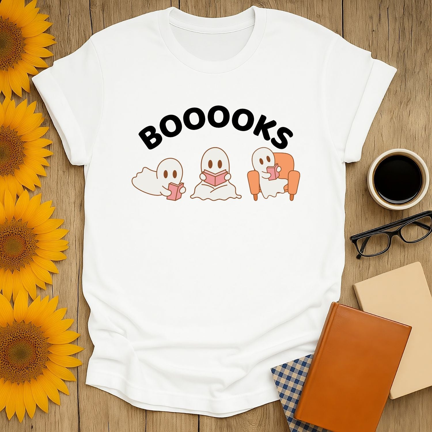 Booooks T-Shirt for book lovers featuring playful ghost illustrations, light and breathable, unisex fit.