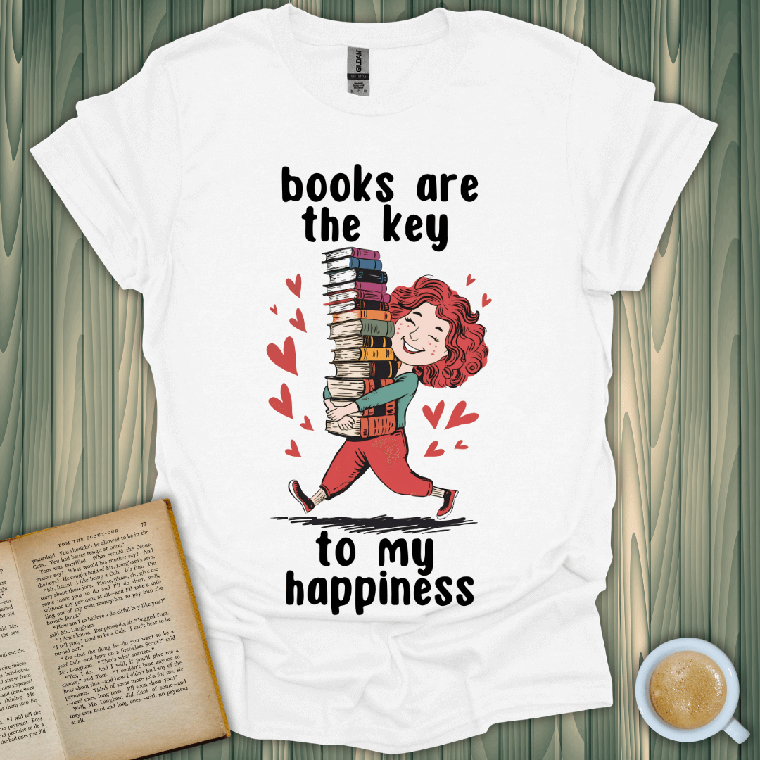 Key to My Joy T-Shirt featuring a design celebrating book lovers, perfect for showcasing your love of reading.