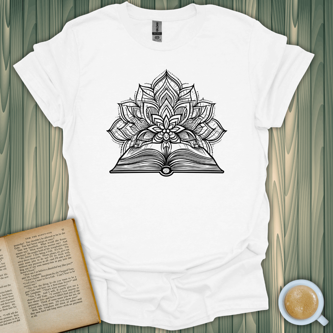 Path to Harmony T-Shirt for book lovers with a unique design featuring an open book and lotus motif.