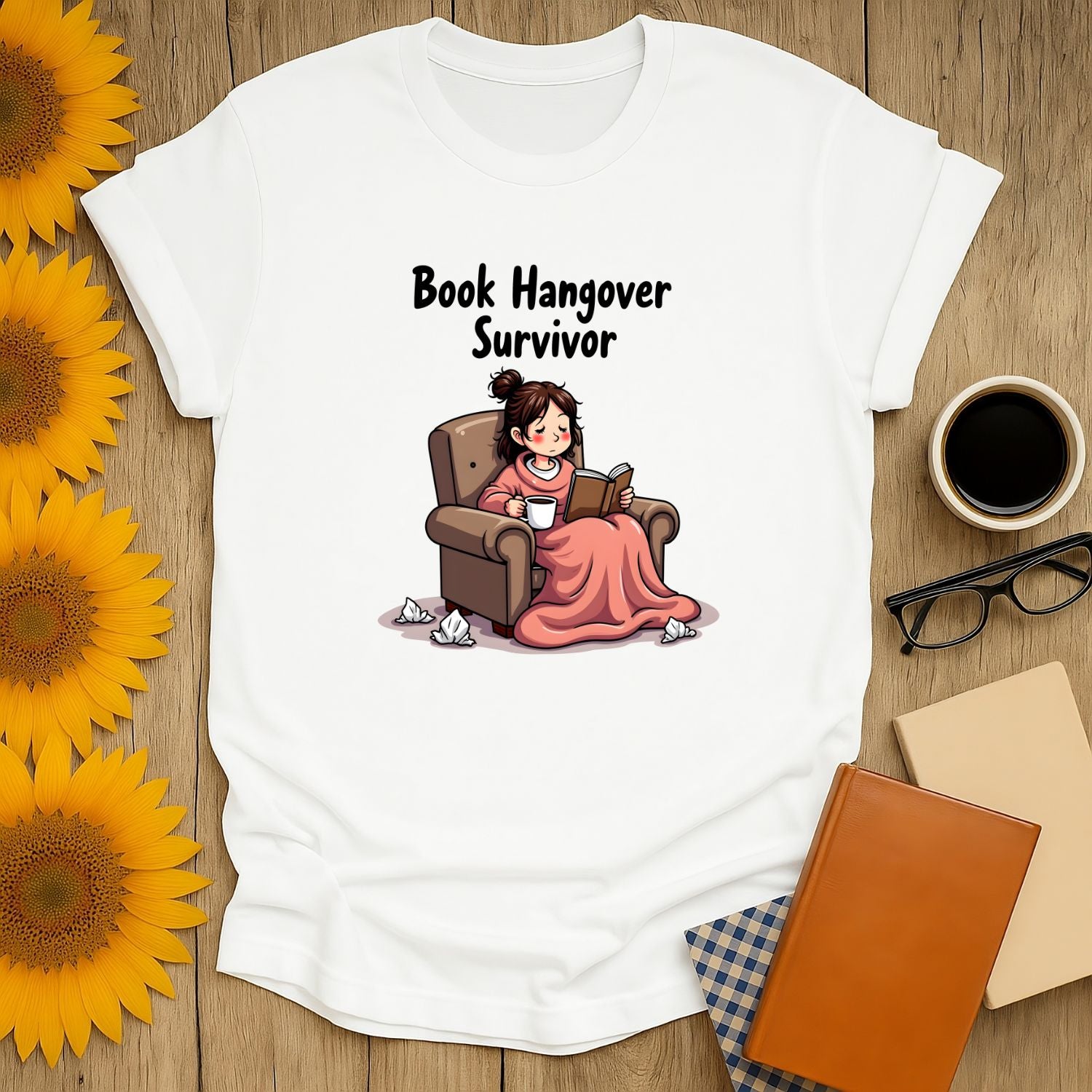 Book Hangover Survivor T-Shirt for book lovers, featuring a cute illustration and comfy unisex fit.