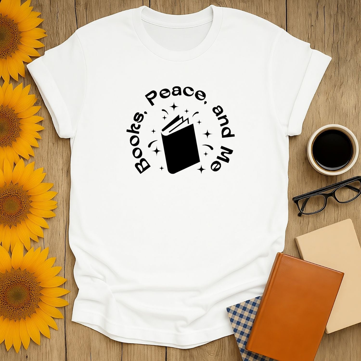 Cozy book lover shirt reading 'Books, Peace, and Me' with a sparkling book illustration, perfect gift for readers.