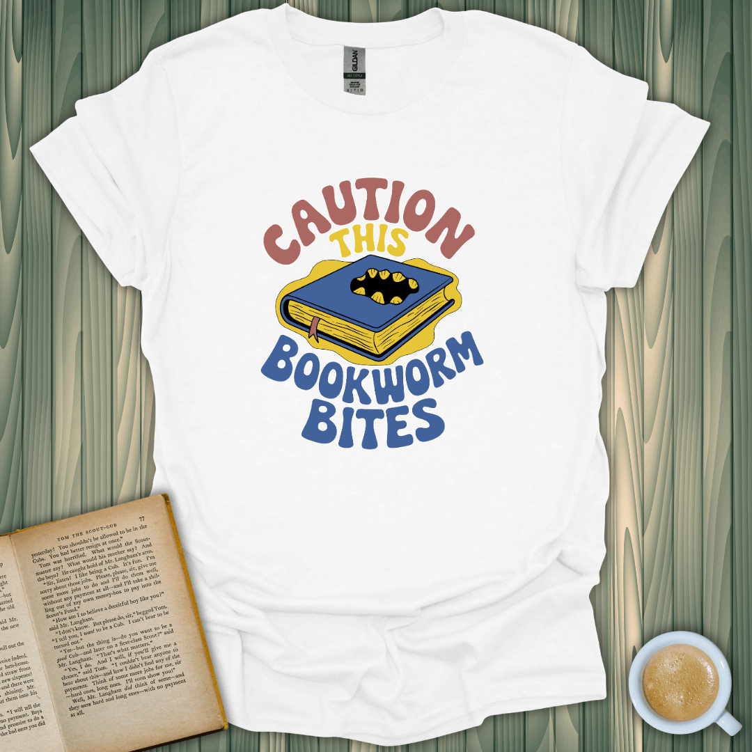 Caution, This Bookworm Bites T-Shirt for book lovers, made of 100% cotton with a fun design, perfect for casual wear.