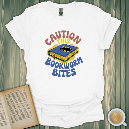 Caution, This Bookworm Bites T-Shirt for book lovers, made of 100% cotton with a fun design, perfect for casual wear.