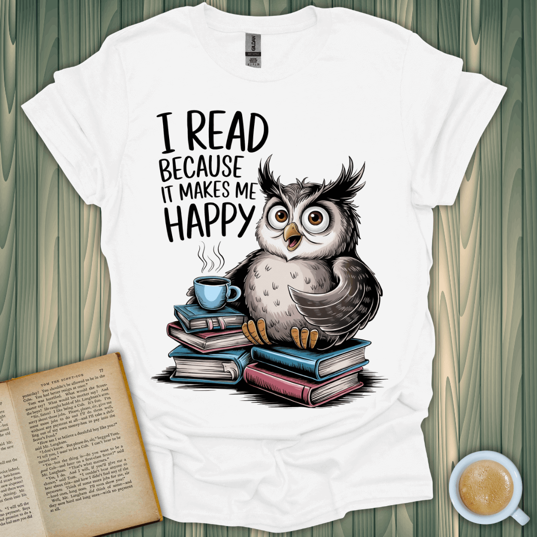 Unisex Happy Reader T-Shirt featuring a cute owl and books, perfect for book lovers! 100% cotton, light and breathable.