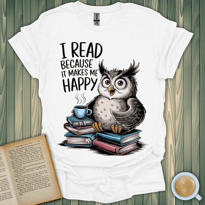 Unisex Happy Reader T-Shirt featuring a cute owl and books, perfect for book lovers! 100% cotton, light and breathable.