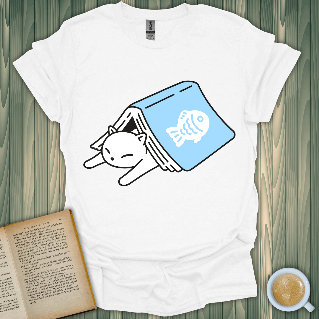 Cat bookmark t-shirt for book lovers, showcasing playful design with a cat hidden under a book. Perfect for casual wear.