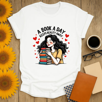 Cozy book lover shirt featuring a woman with books and hearts, saying 'A Book a Day Keeps Reality Away' – perfect for readers!