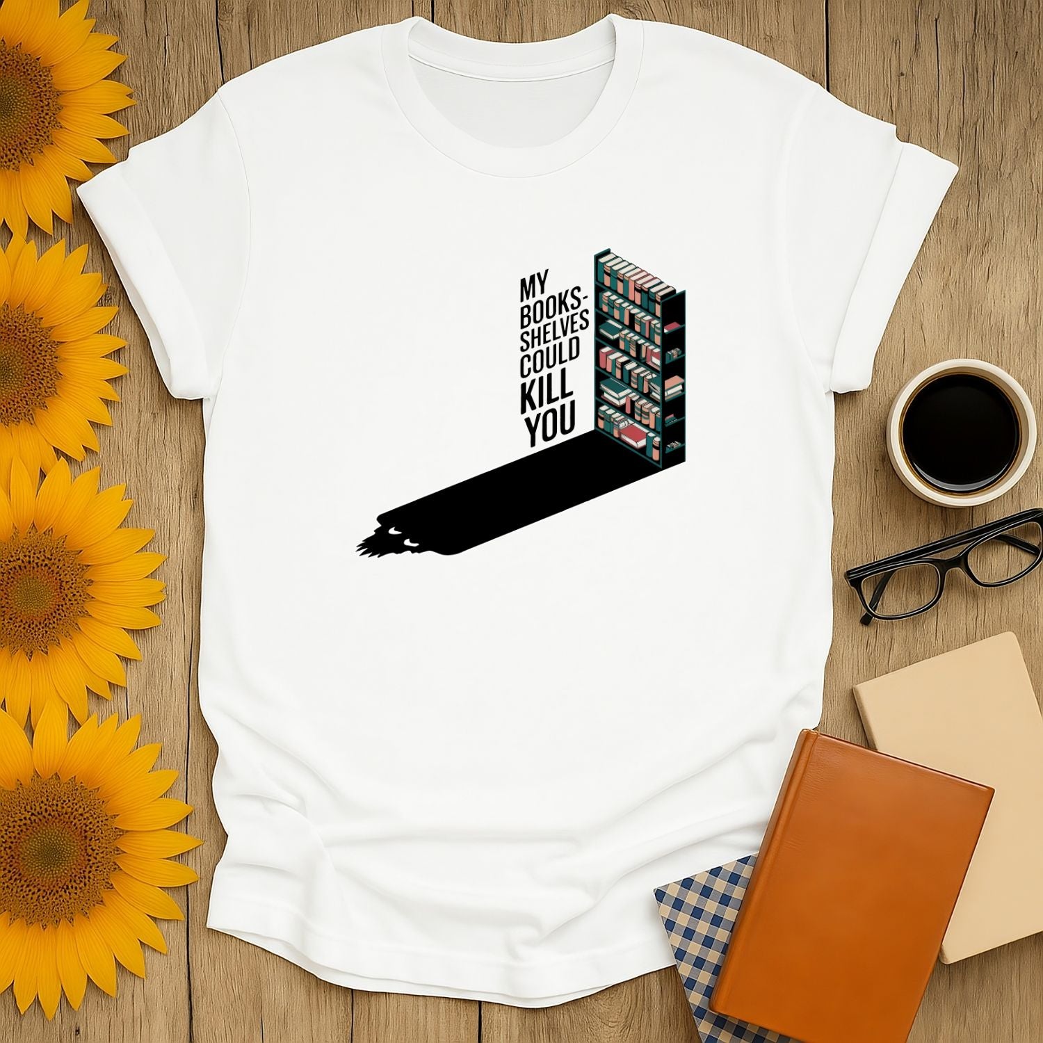 Funny book lover shirt featuring a bookshelf and the text 'My bookshelves could kill you' – perfect gift for readers.