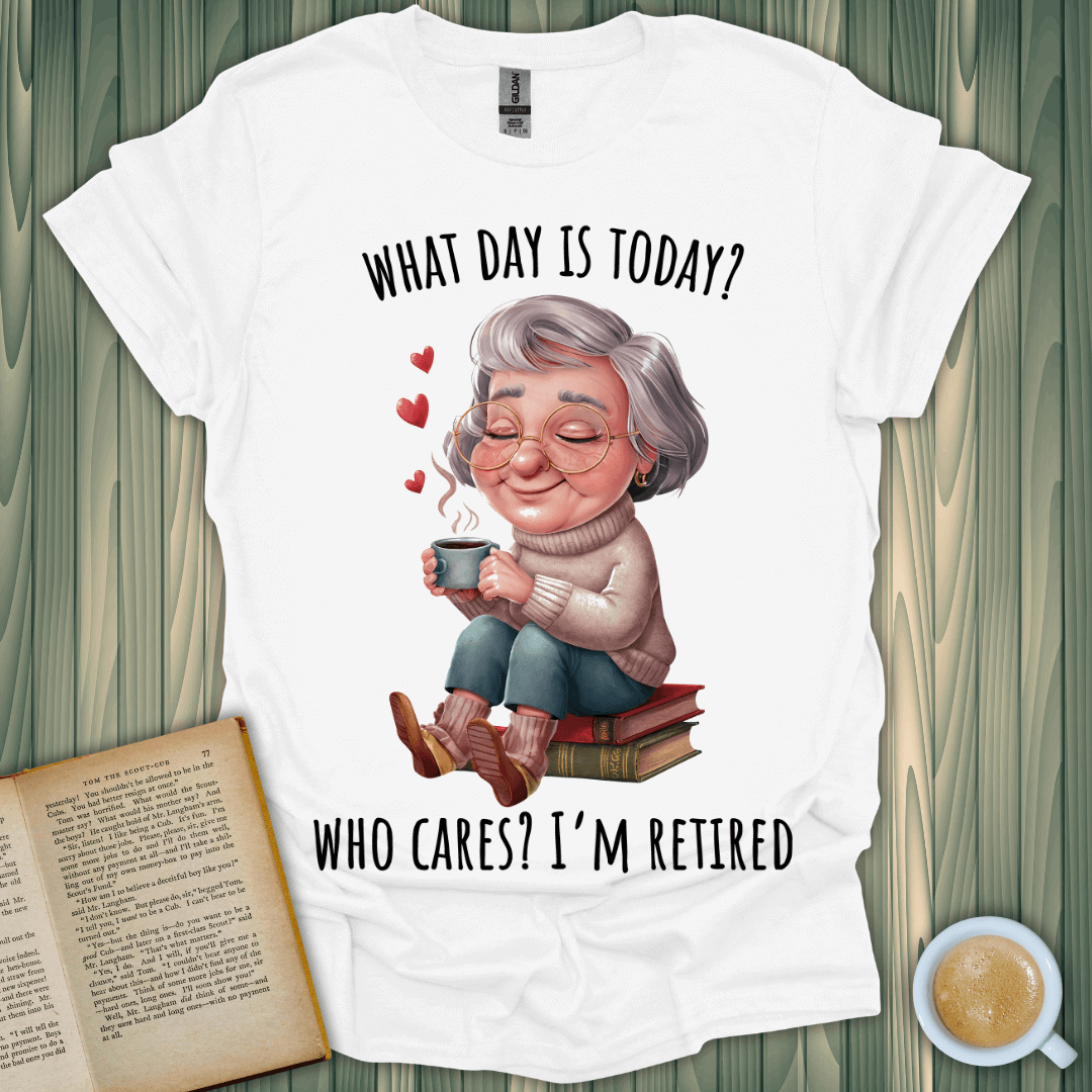 Retired & Relaxed T-Shirt for book lovers, featuring a cozy illustration of a smiling woman enjoying tea.