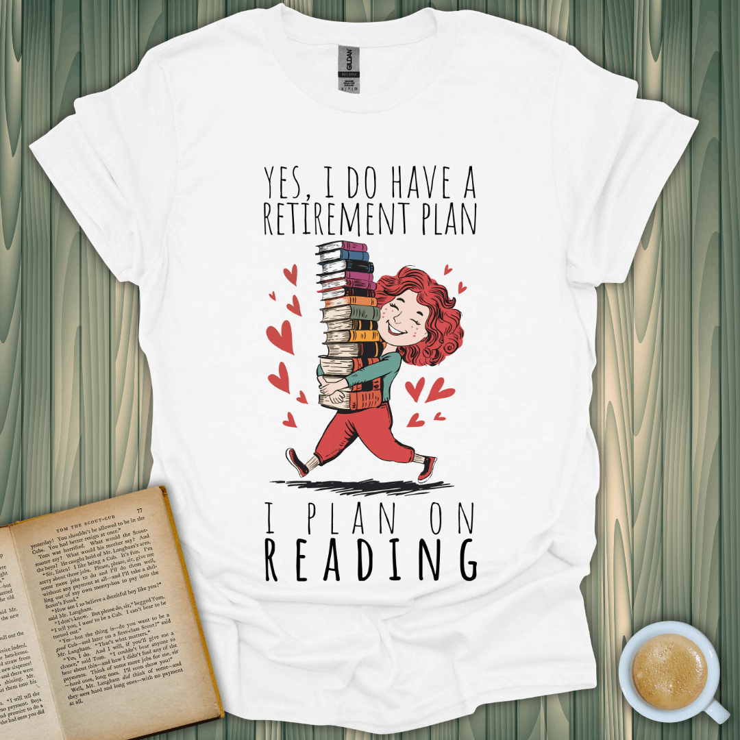 Funny retirement plan t-shirt featuring a book lover carrying stacked books with hearts. Perfect for avid readers!