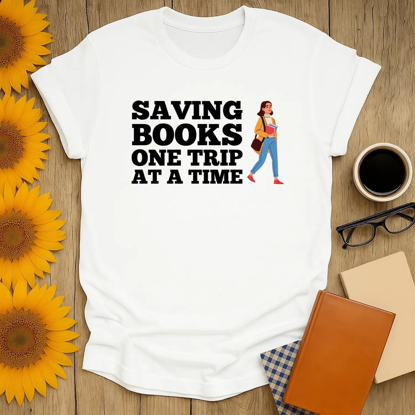 Funny reading tee featuring a girl with a bag saving books one trip at a time, perfect for book lovers and gifts for readers.