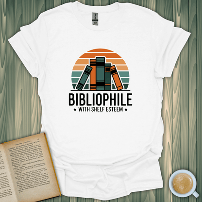 Bibliophile with Shelf Esteem T-Shirt for book lovers, featuring vibrant book graphics and a stylish unisex fit.