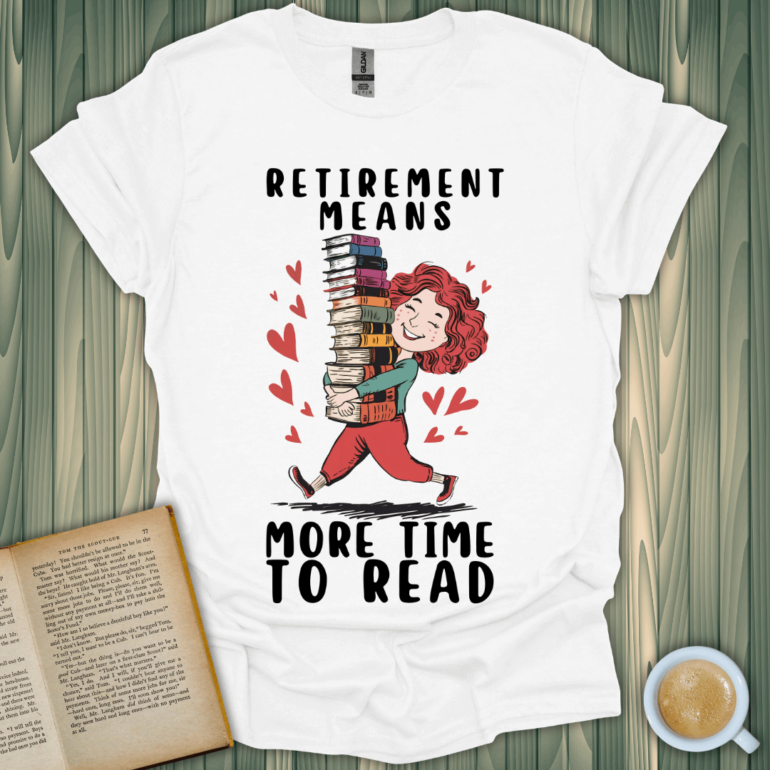 Retirement Reading Time T-Shirt for book lovers, featuring a cheerful design with books and hearts, perfect for casual wear.