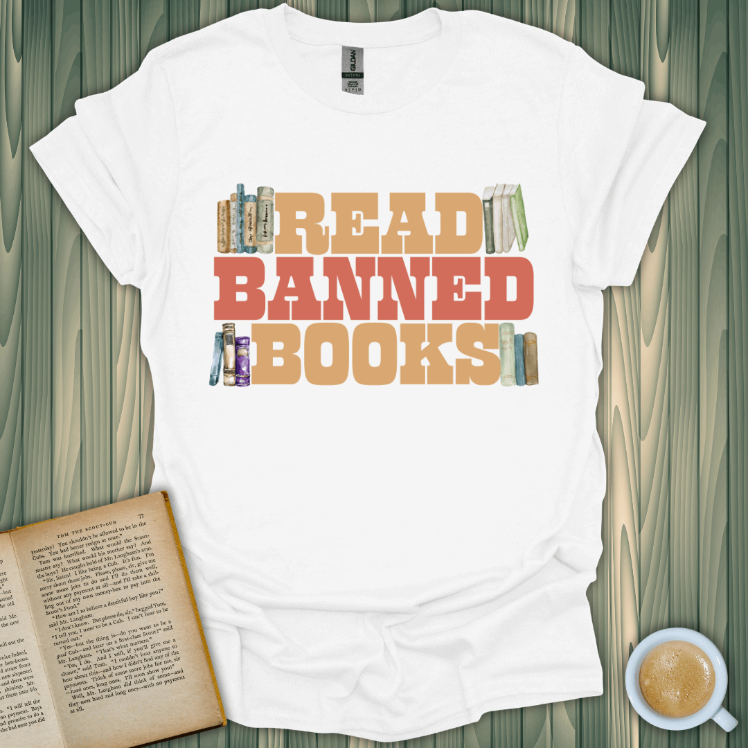 Read Banned Books T-Shirt for book lovers, featuring vibrant printed design on soft, breathable cotton fabric.