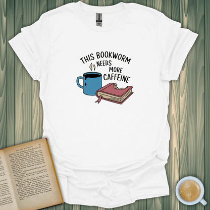 Caffeinated Bookworm T-Shirt featuring coffee mug and book design, perfect for book lovers and comfortable wear.