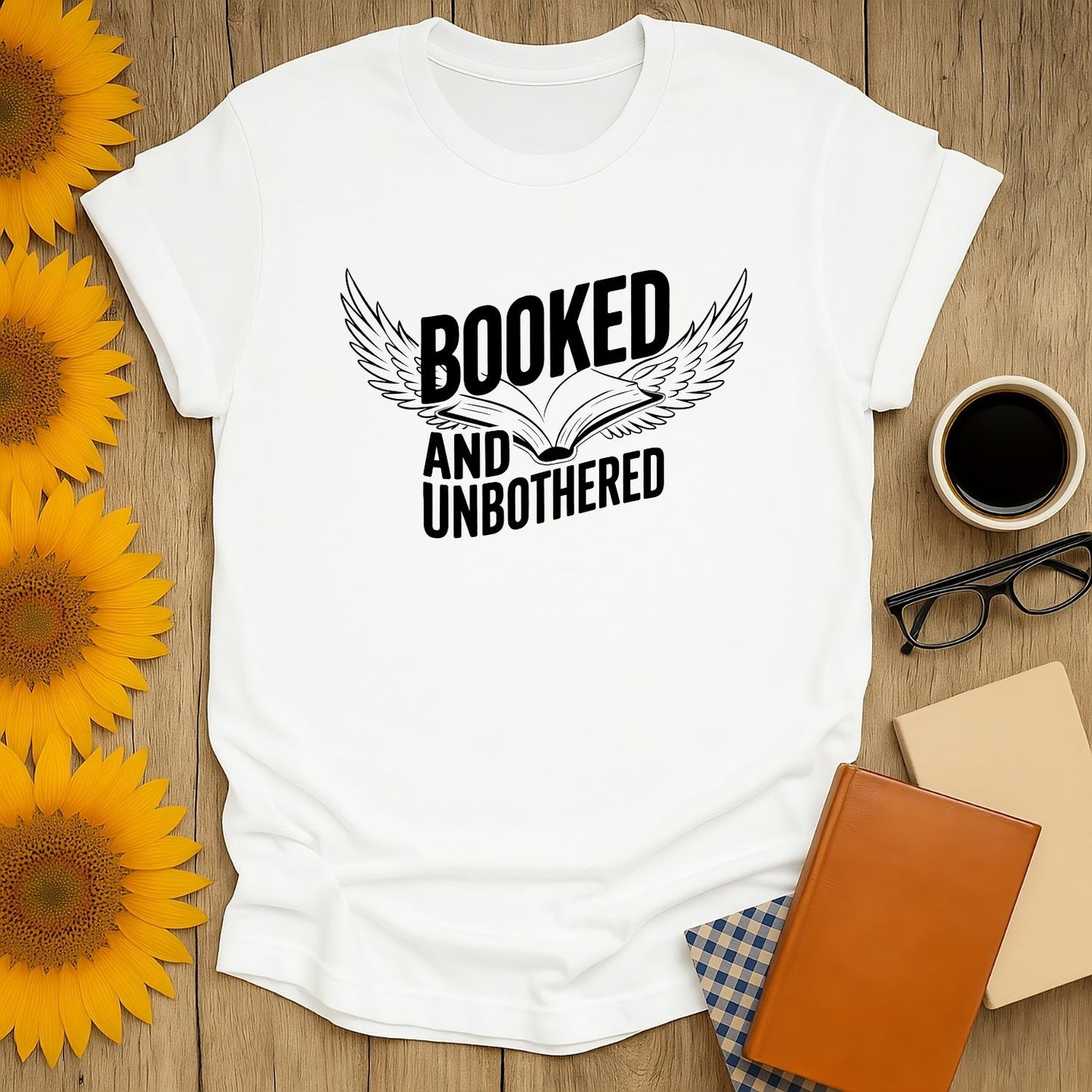 Booked and Unbothered T-shirt with book illustration and wings, perfect gift for cozy readers who love books, cats, and coffee.