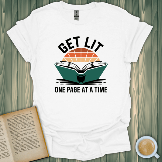 Get Lit Page by Page T-Shirt for book lovers, featuring a vibrant book graphic, made from soft cotton.