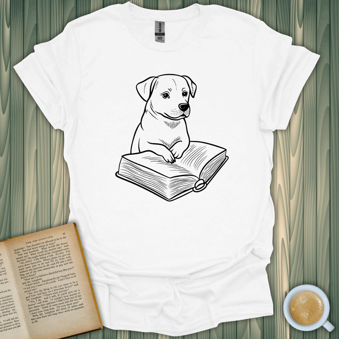 Pawsitive Read T-Shirt featuring an adorable dog reading a book, perfect for book lovers and casual wear.